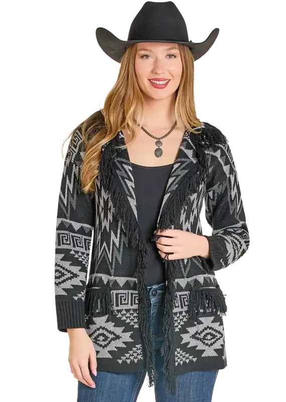 Women's Rock & Roll Denim Fringe Cardigan Sweater #BW95T07763