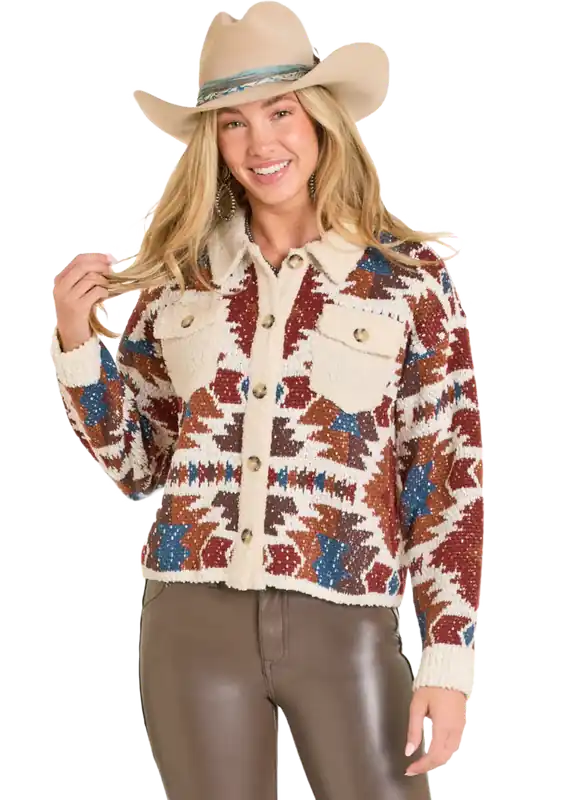 Women's Rock & Roll Cowgirl Cardigan with Sherpa Trim #BW95T07765