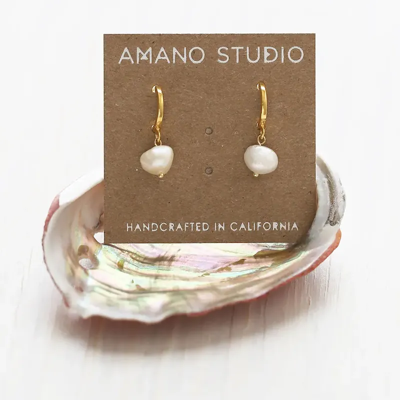 Fresh Water Pearl On Huggie Hoops - Amano Studio