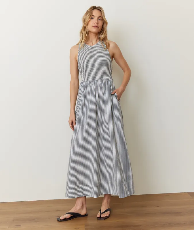 Darcy Poplin Smocked Dress - Navy Stripe