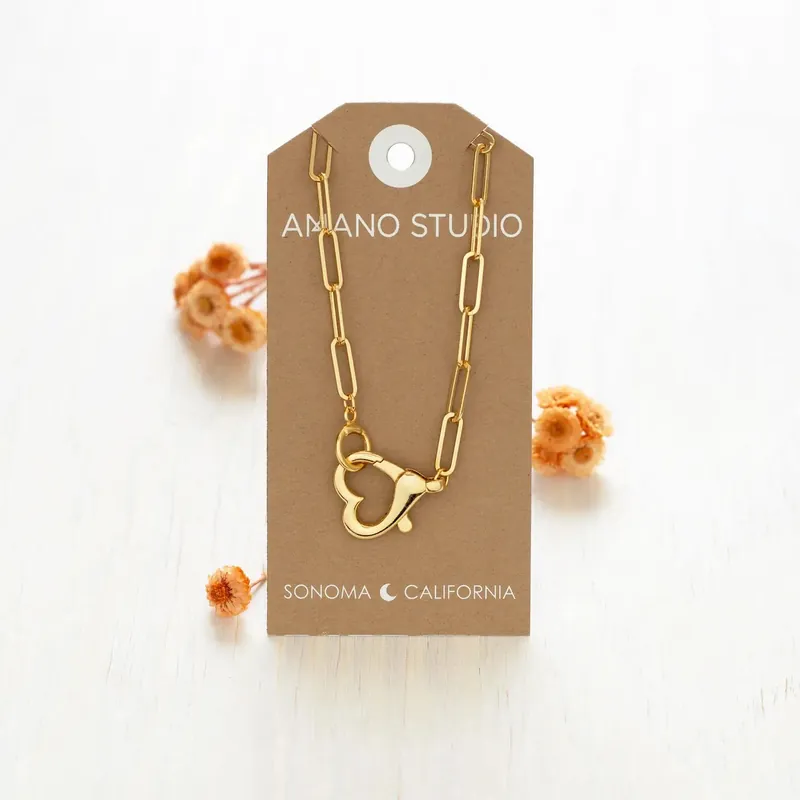 Heart Clasp On Paperclip Chain Necklace - Amano Studio