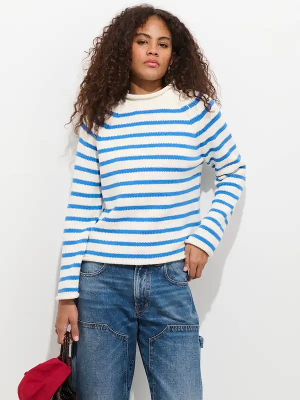 Eastport Striped Rollneck in Cotton - Sea Salt/Ultramarine