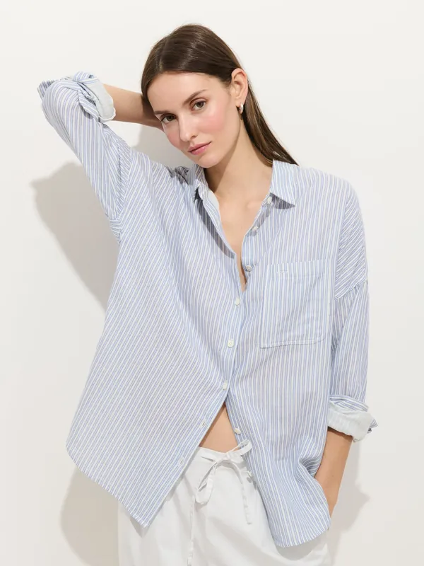 Jo Shirt in Double Gauze - Ivory/Blue Stripe
