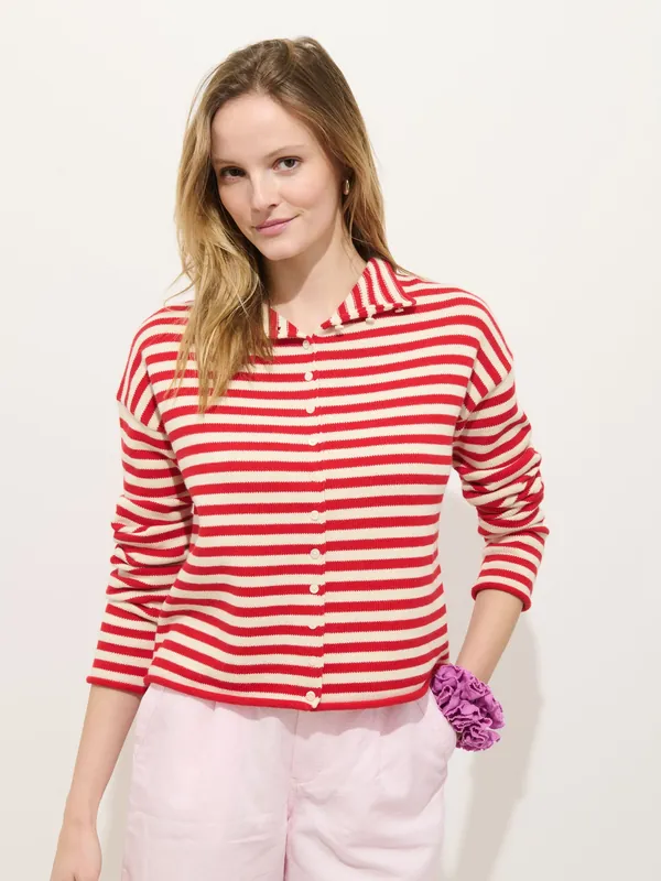 Taylor Striped Cardigan in Cotton Cashmere - Ivory Red