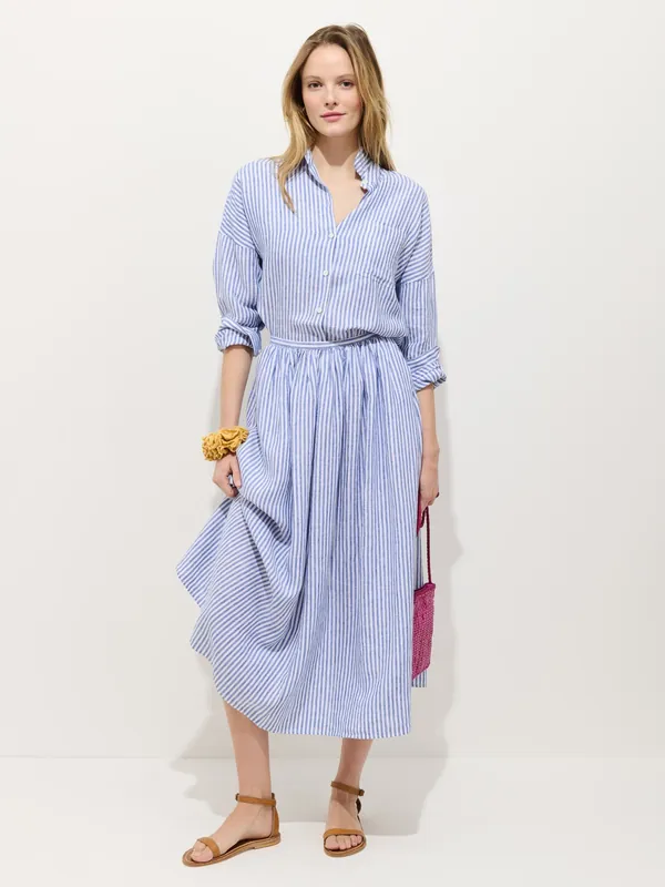 Sarah Striped Skirt in Linen - Ocean / Ivory