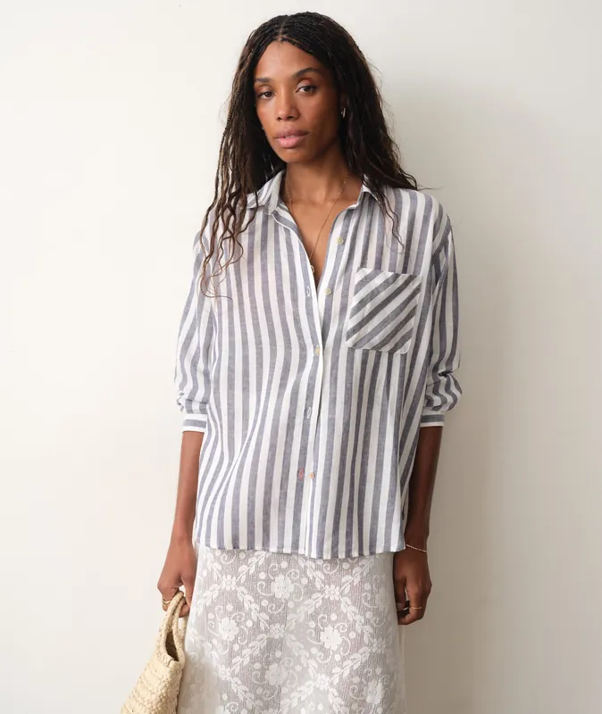 Jane Relaxed Linen Shirt - Navy & White Stripe