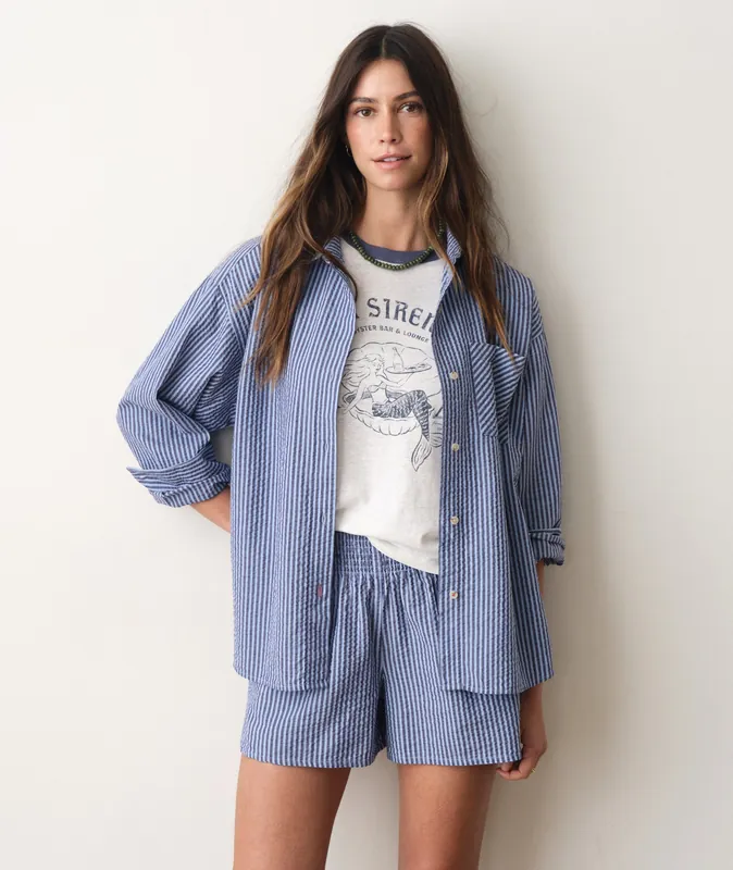 Gracey Oversized Seersucker Shirt - Bay Blue Stripe