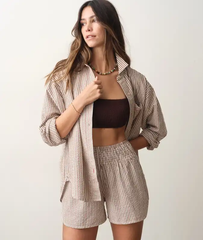 Gracey Oversized Seersucker Shirt - Mocha Stripe