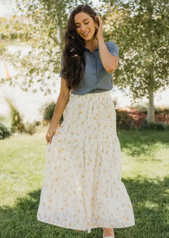 Tiered Boho Skirt in Marigold Whisper - Mikarose