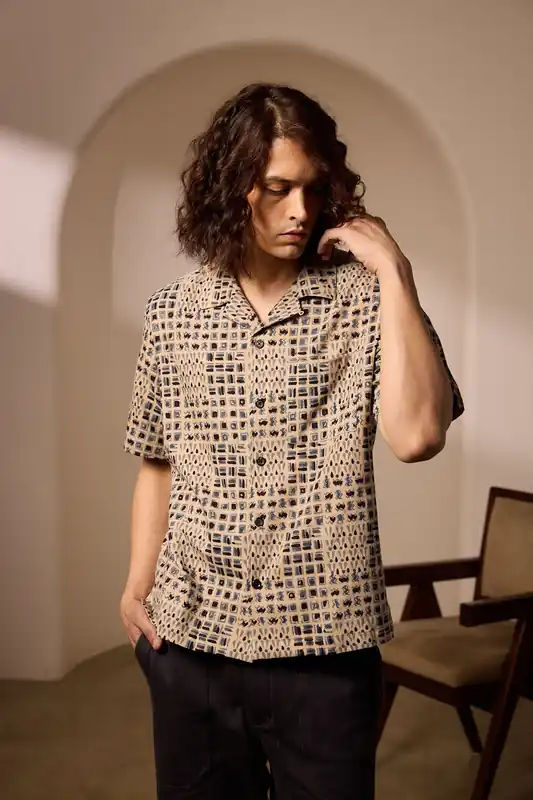 Khushi Camp Shirt - Kora in Tile Block Print Indigo