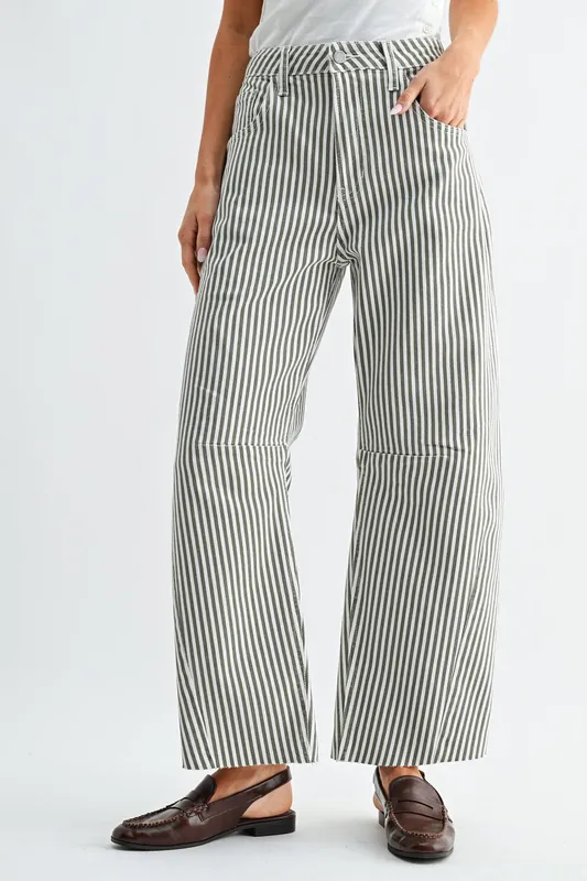 BP473J - OLIVE STRIPE - Barrel Jean w/ Seams