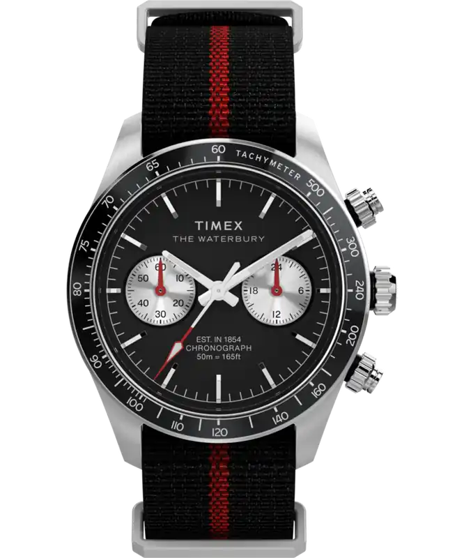 Waterbury Heritage Chronograph 39mm Fabric Strap Watch - Black/Red