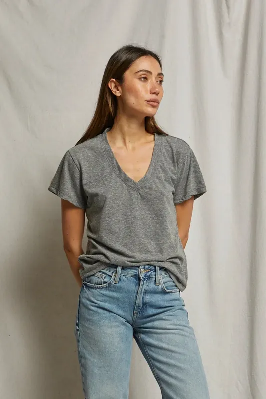 Hendrix Boxy Cotton V Neck Tee - Heather Grey