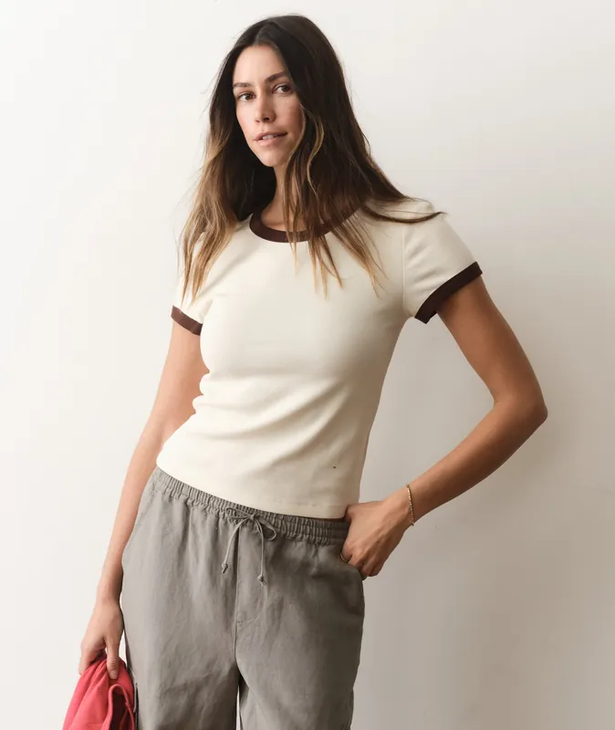 Lexi Rib Ringer Tee - Cream & Coffee