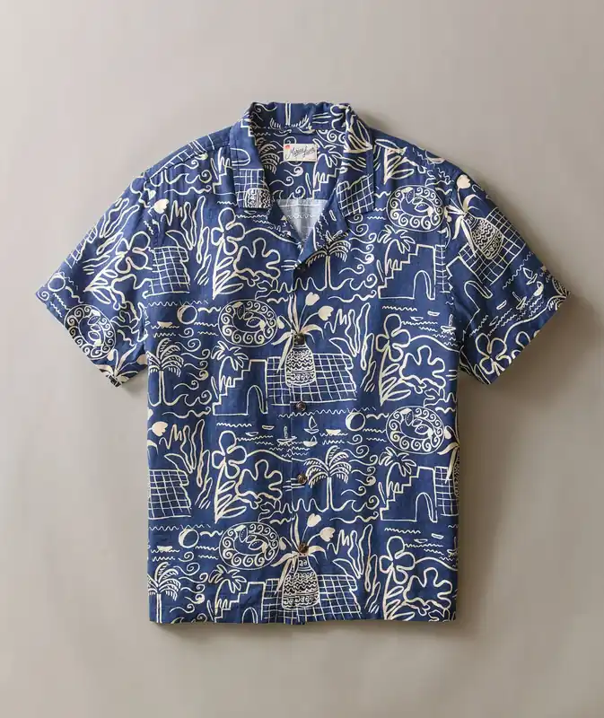 Pablo Tencel Linen Resort Shirt - Navy/White Island Motif