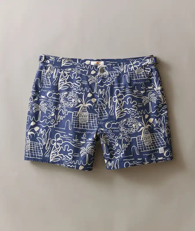 Tailored Swim Trunk - Navy/White Island Motif
