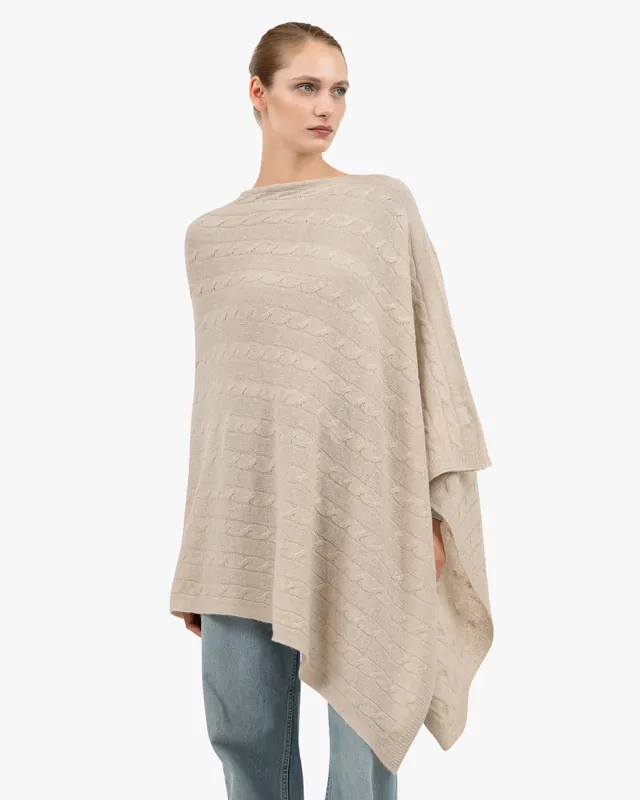 Cable Knit Essential Poncho - Beige