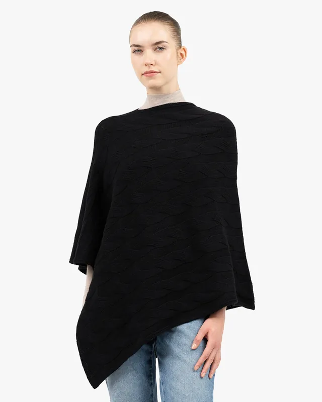 Cable Knit Maxi Poncho - Black