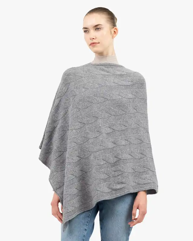 Cable Knit Maxi Poncho - Medium Grey