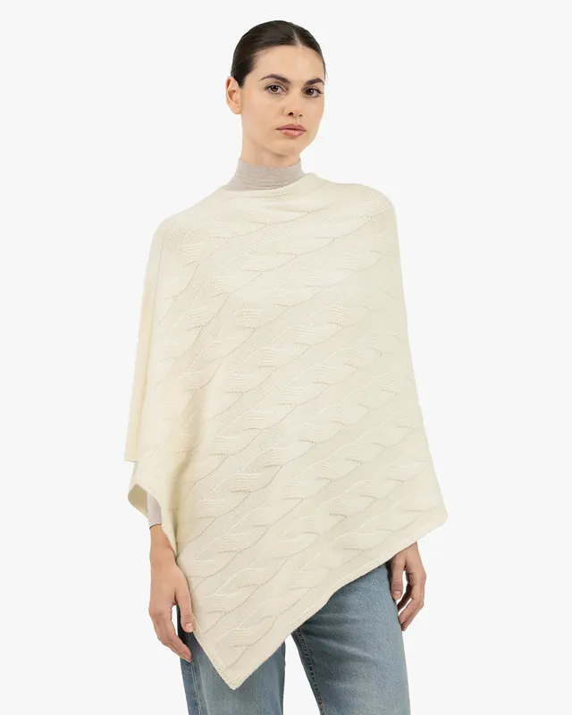 Cable Knit Maxi Poncho - White