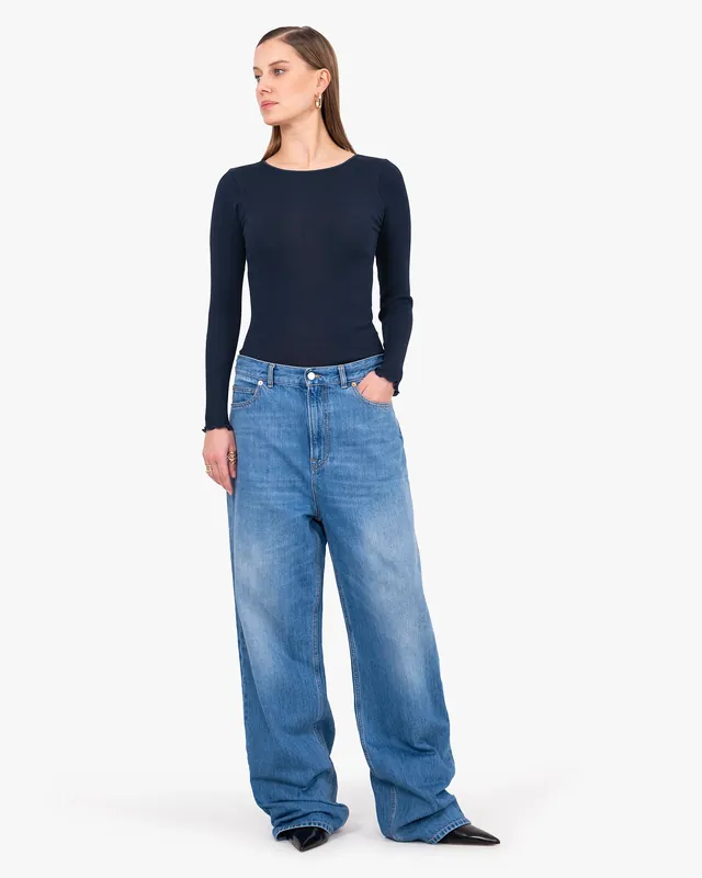 Crew Neck Pleated Top - Blue