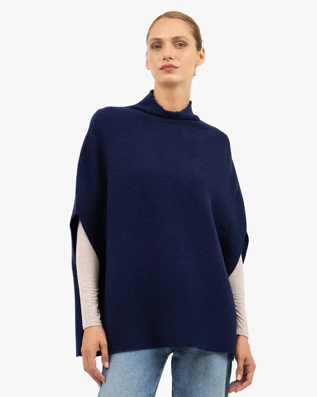 Mock Neck Cape Poncho - Blue