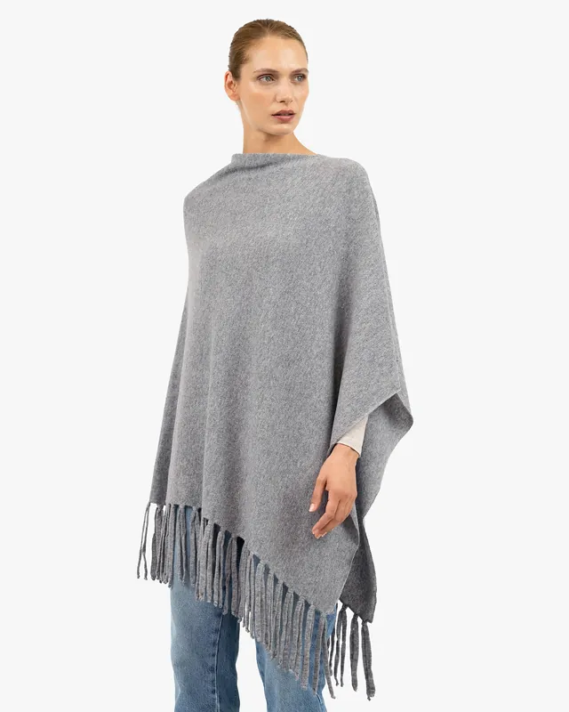 Poncho with Fringes - Medium Grey