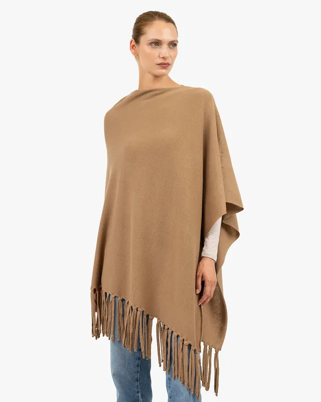 Poncho with Fringes - Camel