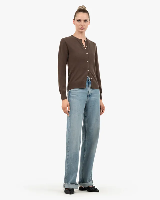 Essential Crew Neck Cardigan - Brown