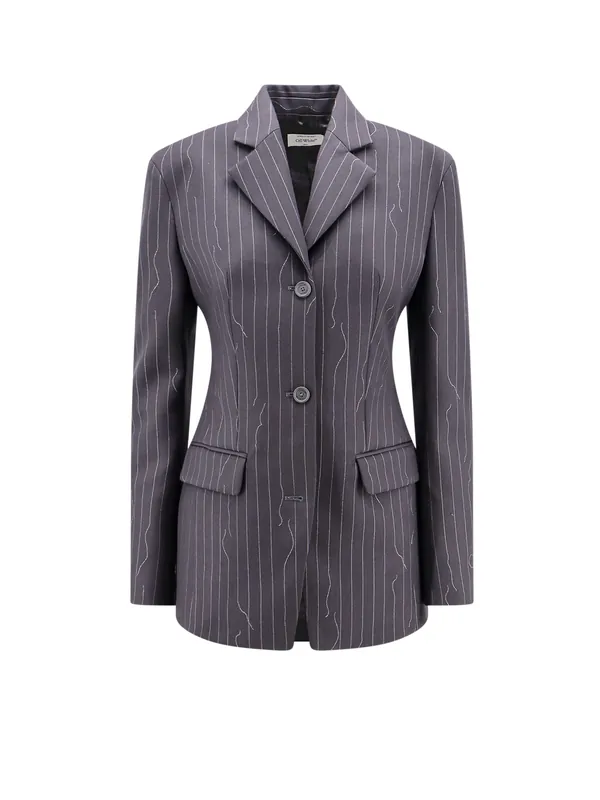 Pinstripe Fabric Blazer With Shoulder Pads - Off-White