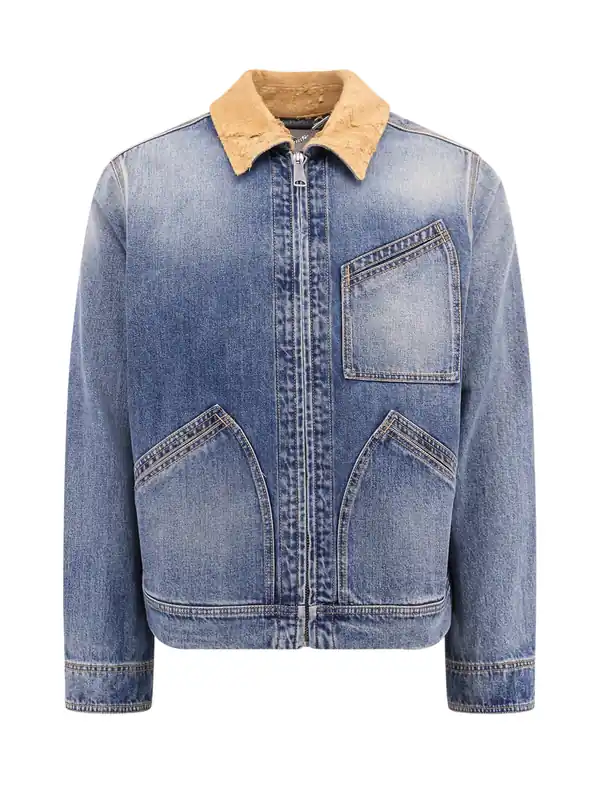 Washed Blue Ddenim Jacket With Suede Collar - Alexander McQueen