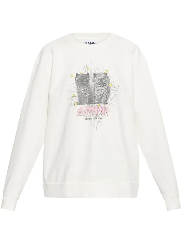 Kittens Print Cotton Sweatshirt - Ganni