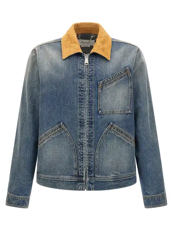 Suede Denim Jacket Puffer Jackets Blue - Alexander McQueen
