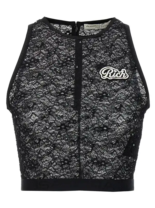 Rhinestone Lace Top Tops Black - Alessandra Rich