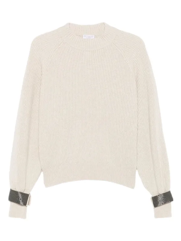 Ribbed Sweater With Jewel Cuffs - Brunello Cucinelli