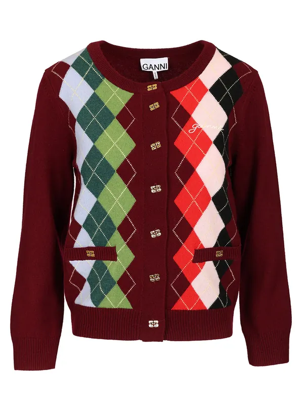 Checked Cardigan Knitwear Bordeaux - Ganni