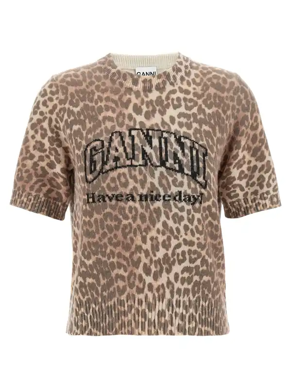 Leopard Wool Mix T-Shirt Brown