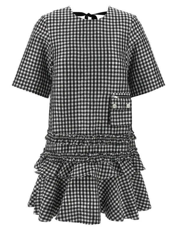 Crinkled Check Mini Dresses White/Black - Ganni