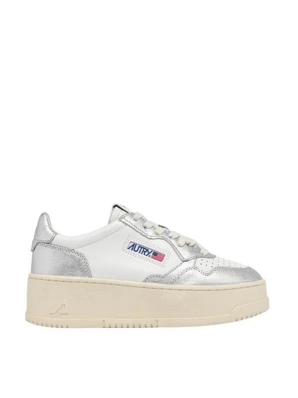 Sneakers Platform Low In Pelle Bianca E Argento - Autry