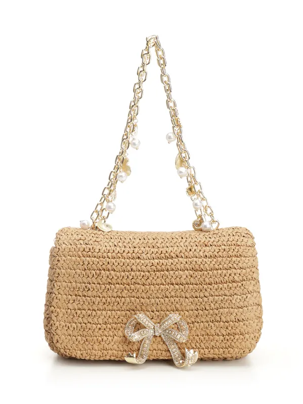 Raffia Bow Charm Shoulder Bag Handbags Brown - Self-Portrait
