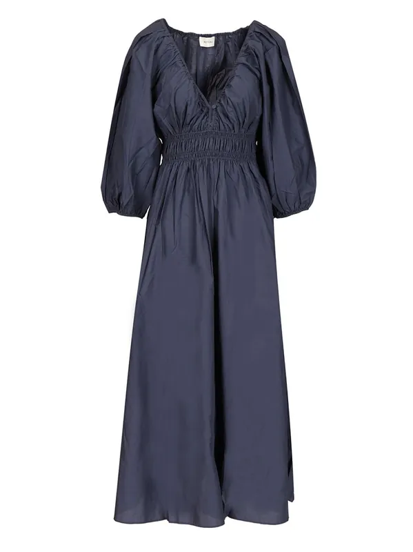 Shirred Plunge Button Dress Dresses Blue - Matteau