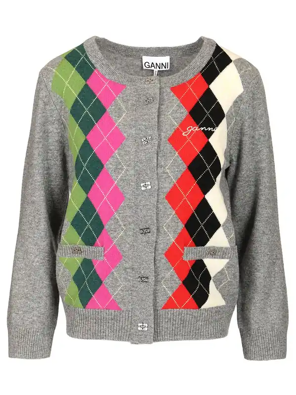 Checked Cardigan Knitwear Grey - Ganni