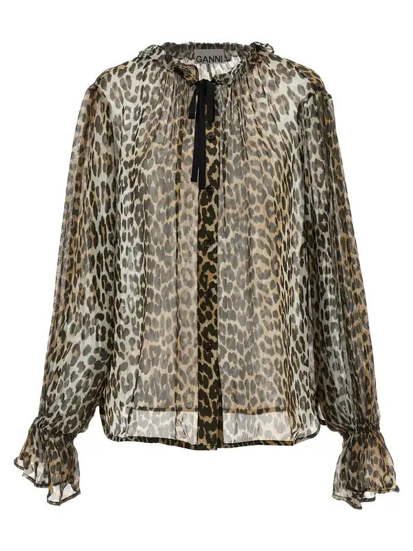 Leopard Print Chiffon Tie String Shirt And Blouse Brown - Ganni