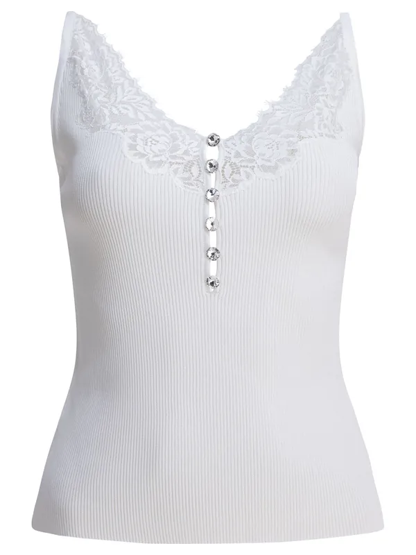 Ribbed Tank Top With Lace Neckline Tops White - Self-Portrait