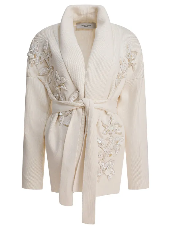 Cardigan With Floral Embroidery Knitwear White - Golden Goose