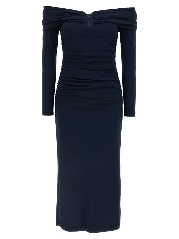 Off-Shoulder 3/4 Slv Ruched Midi Dresses Blue