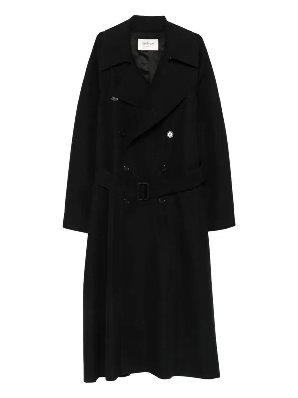 Double-Breasted Long Coat In Grain De Poudre