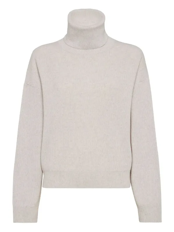 Cashmere Blend English Ribbed Turtleneck Sweater - Brunello Cucinelli