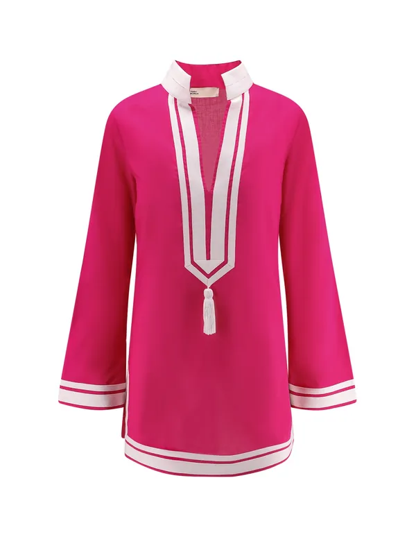 Cotton Short Dress With Contrasting Profiles - Tory Burch