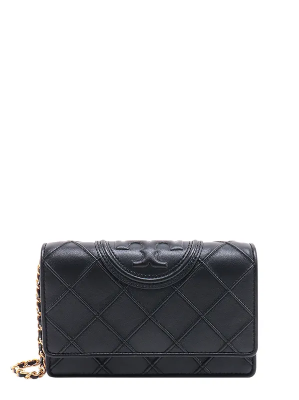 Stitched Leather Shoulder Bag With Embossed Logo - Tory Burch
